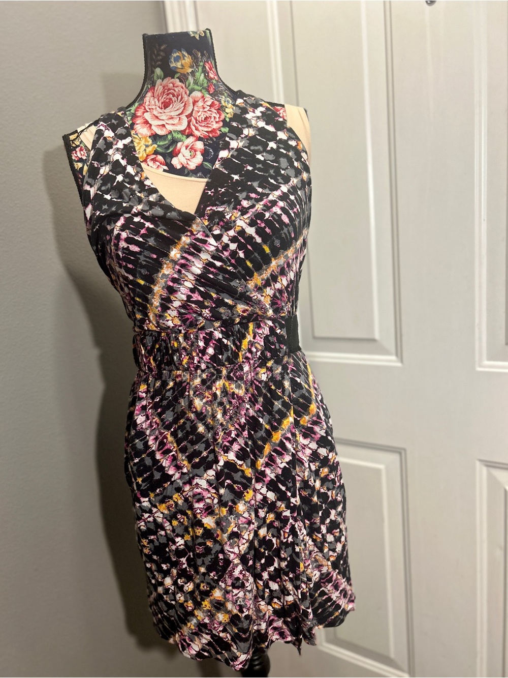 Maggy London Dress 4 Multicolor Striped Mesh Fit Flare Skater Y2K Indie Sleaze